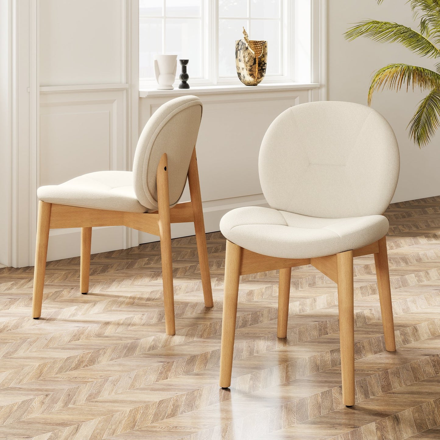 LIVSK Houten Eetkamerstoelen - Rubberhout Poten - Ergonomisch Ontwerp - Hoogdicht Schuim - Set van 2 - Wit+Natuurlijk
