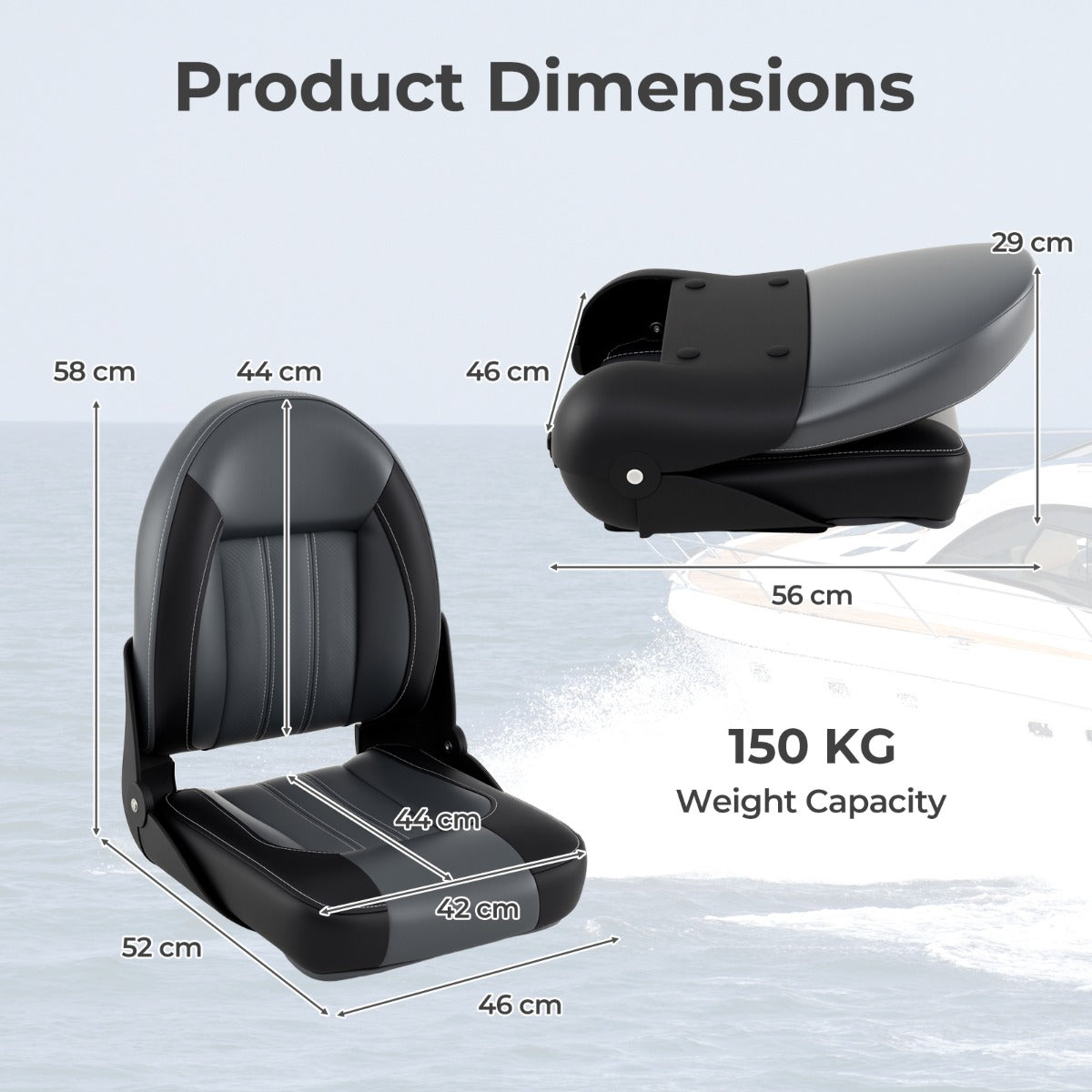 LIVSK Bootstoelset - Ergonomisch en Inklapbaar - Weerbestendig PVC-leer - Eenvoudige Montage - Draagvermogen 150 kg - Zwart +