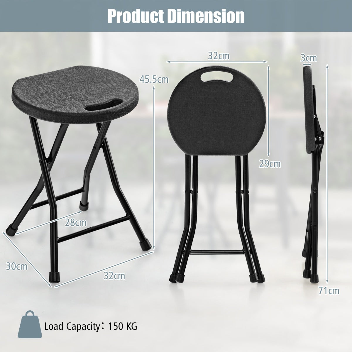 LIVSK Opvouwbare Kruk - Ruimtebesparend - Antislip - Hoogwaardig PE - Draagvermogen 150 kg - 32 x 29 x 45,5 cm - Zwart