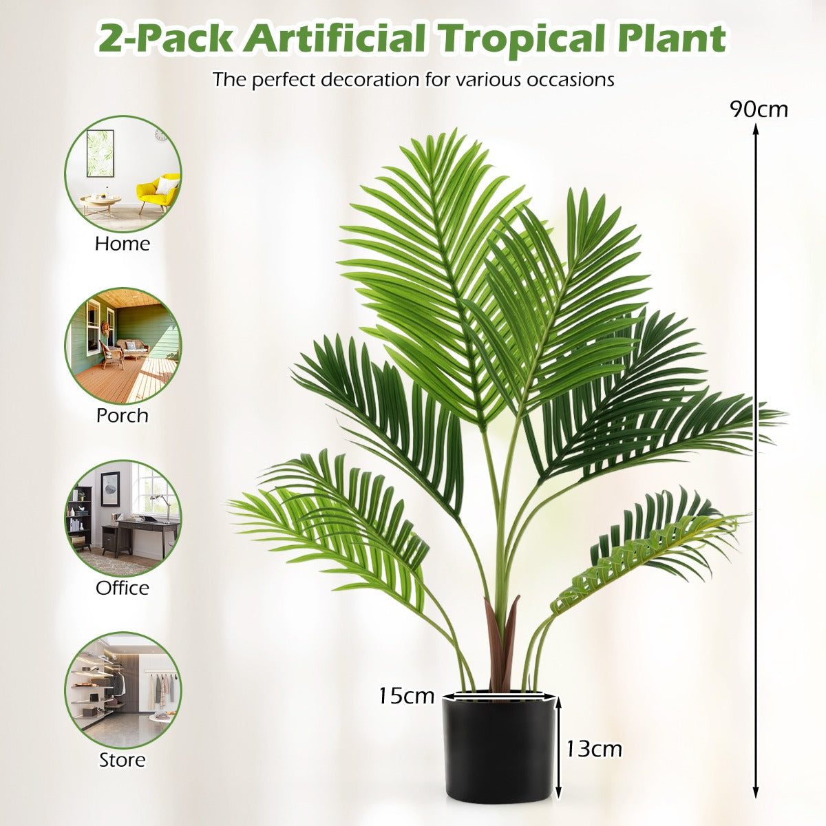 LIVSK Kunstmatige Goudpalm Set van 2 - Realistische Tropische Planten - Onderhoudsvrij - 90 cm Hoog - Groen