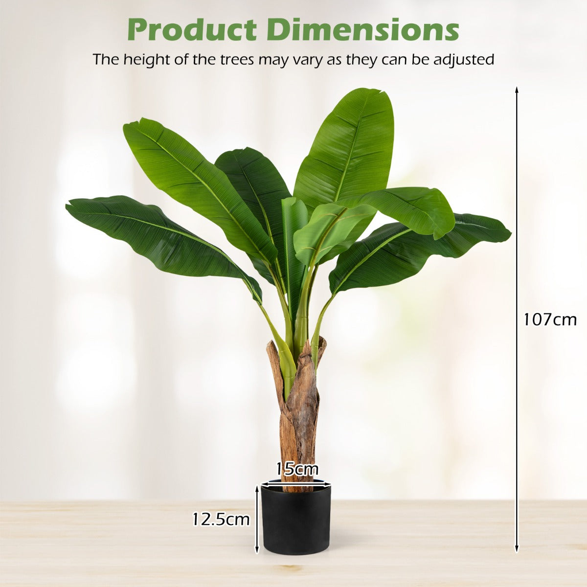 LIVSK Kunstplanten Set Bananenbladbomen - 2-delig - Waterbestendig PEVA - Stevige Cementpot - 107 cm - Groen + Zwart