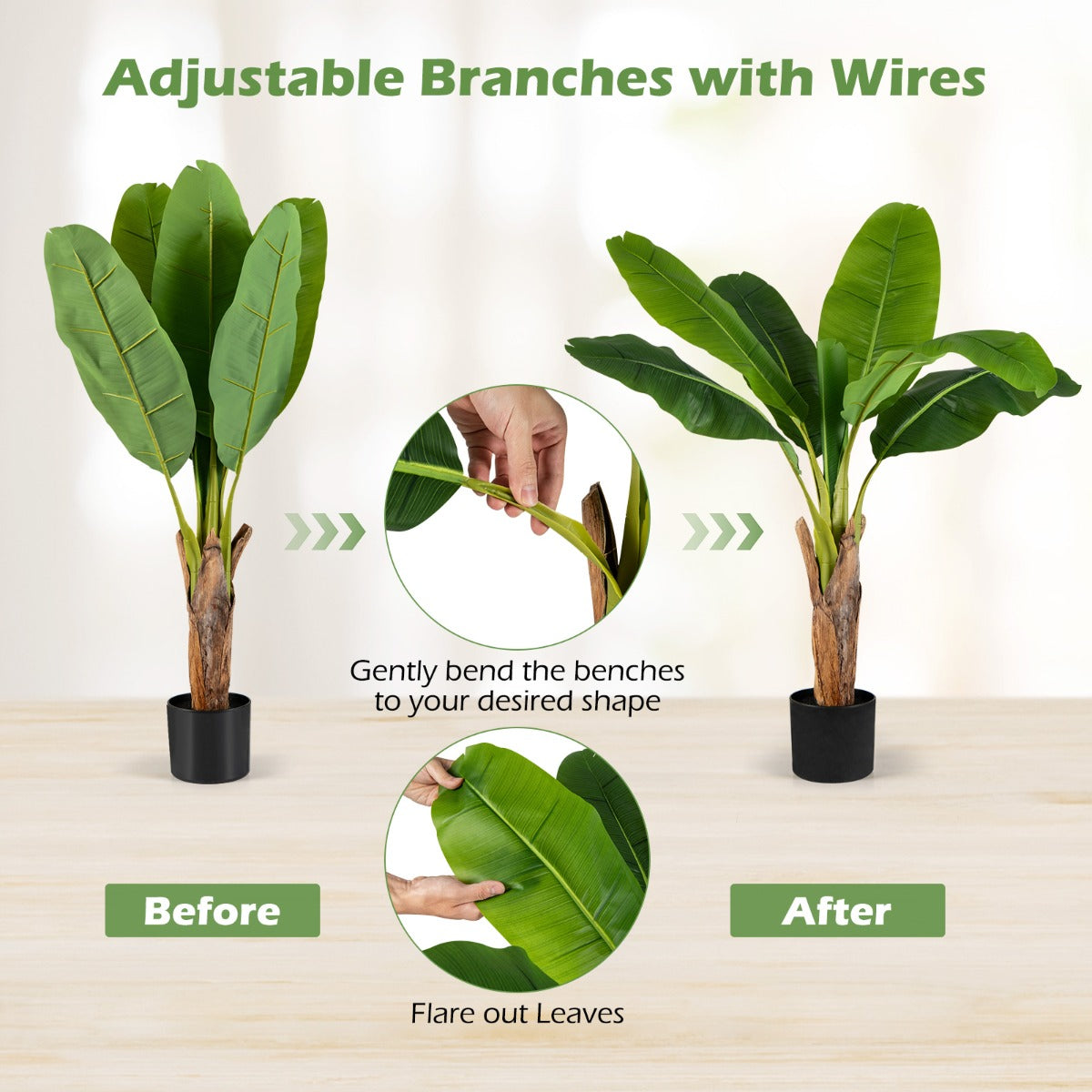 LIVSK Kunstplanten Set Bananenbladbomen - 2-delig - Waterbestendig PEVA - Stevige Cementpot - 107 cm - Groen + Zwart