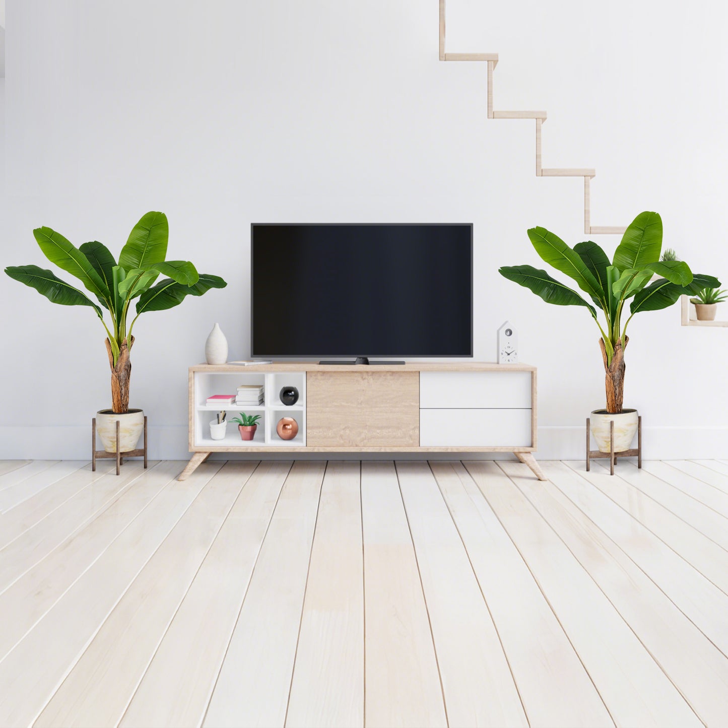 LIVSK Kunstplanten Set Bananenbladbomen - 2-delig - Waterbestendig PEVA - Stevige Cementpot - 107 cm - Groen + Zwart