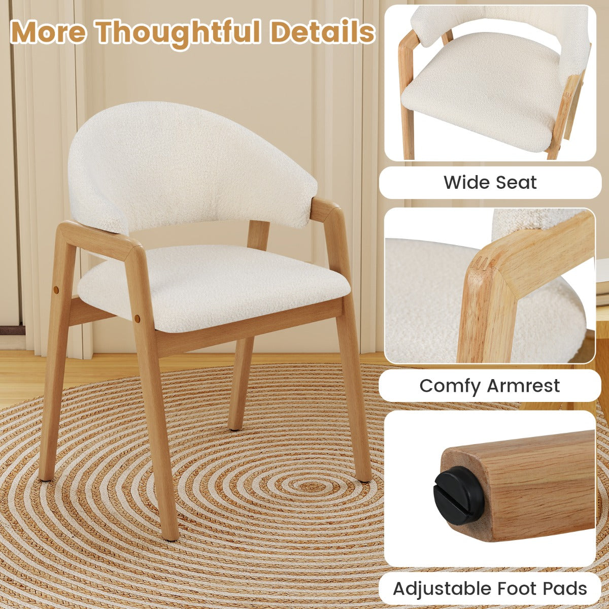 LIVSK Moderne Eetkamerstoelen - Rubberhouten Frame - Ergonomische U-vormige Rugleuning - Set van 2 - Wit