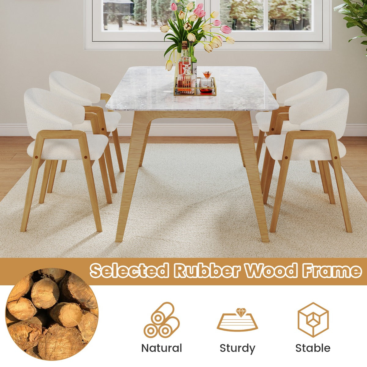 LIVSK Moderne Eetkamerstoelen - Rubberhouten Frame - Ergonomische U-vormige Rugleuning - Set van 2 - Wit