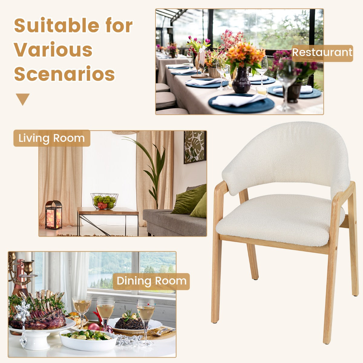 LIVSK Moderne Eetkamerstoelen - Rubberhouten Frame - Ergonomische U-vormige Rugleuning - Set van 2 - Wit