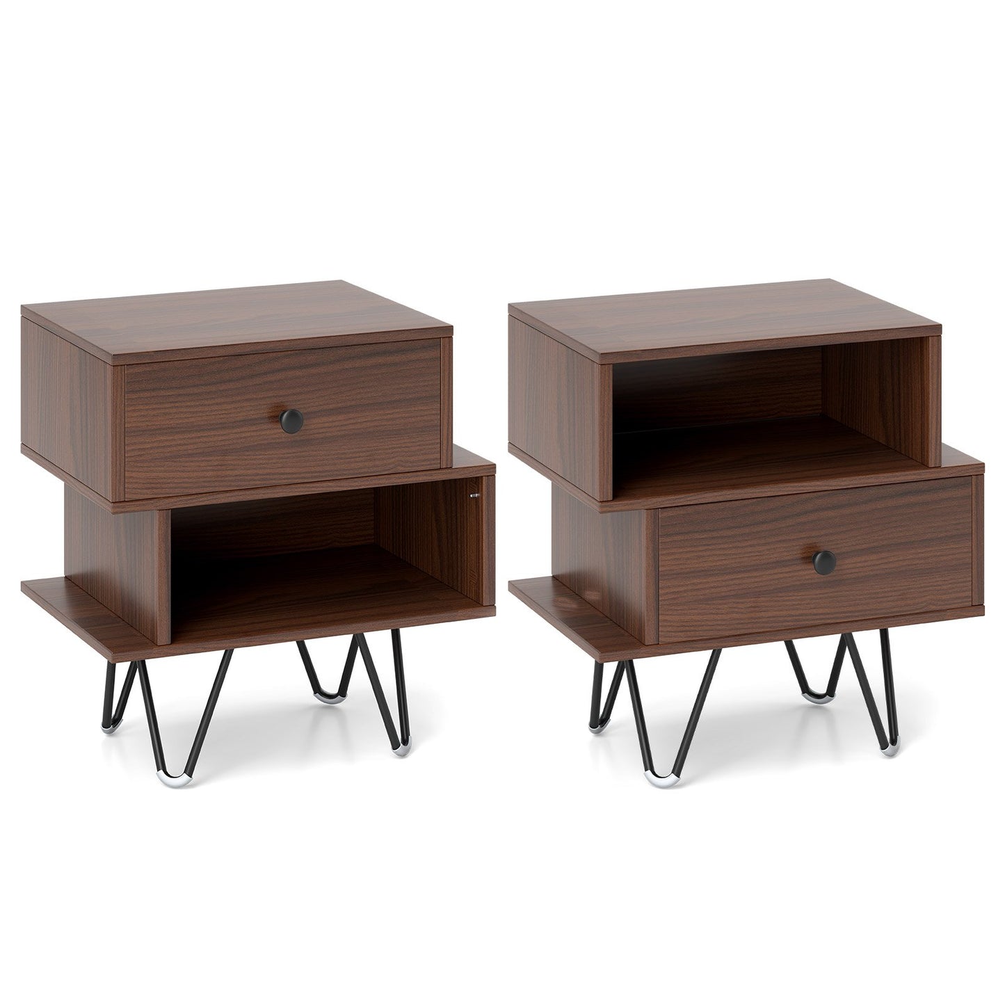 LIVSK Nachttafelset - Afneembare Lade - Open Vak - Mid-Century Design - Stabiele Metalen Poten - 44 x 29 x 47 cm - Bruin
