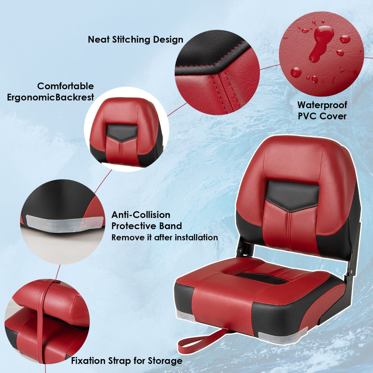 LIVSK Set van 2 Bootstoelen - Ergonomische Rugleuning - Weerbestendig PVC - Opvouwbaar - 50 x 42 x 52 cm - Rood