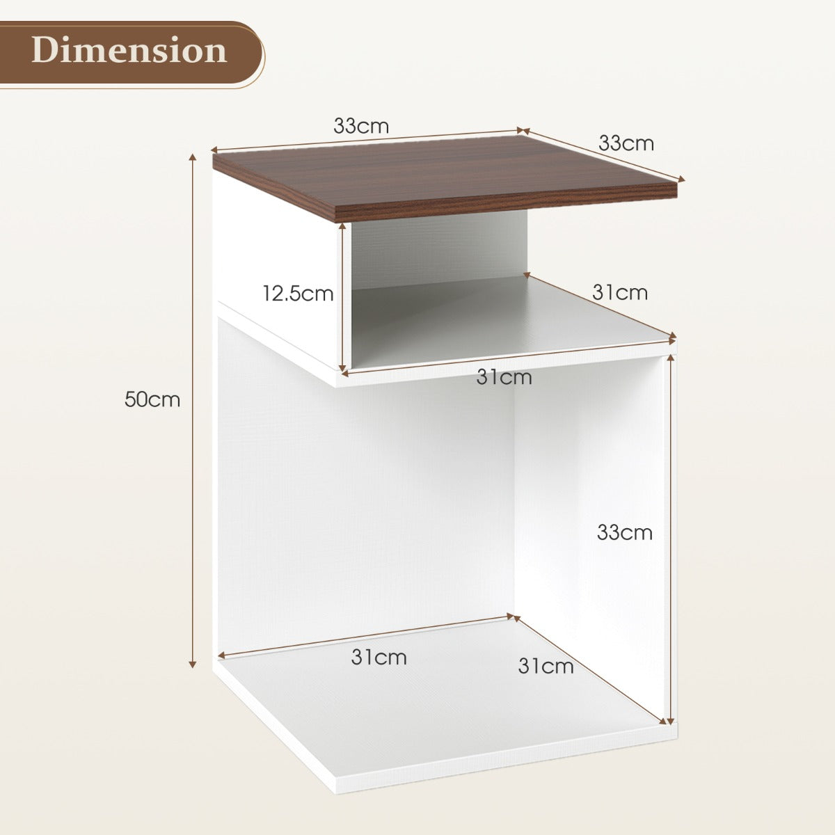 LIVSK Bijzettafel Set - S-vormig met 2 Open Vakken - Sterke Constructie - Antislip Voetjes - 33 x 33 x 50 cm - Wit/Notenhout