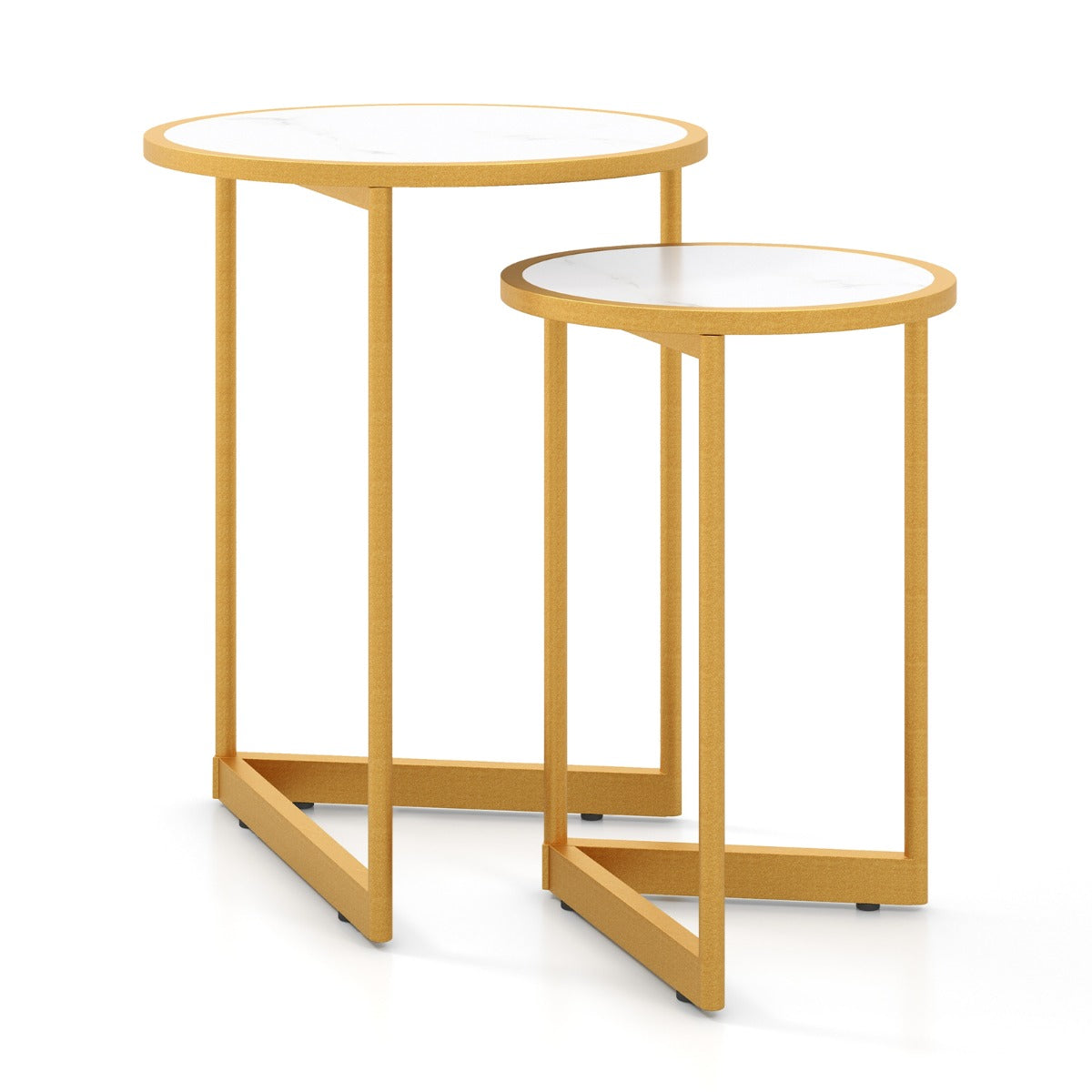 LIVSK Salontafelset - Wit Kunstmarmer met Gouden Frame - Ronde Tafels met V-vormige Basis - Waterdicht - Flexibel Gebruik - Wit +