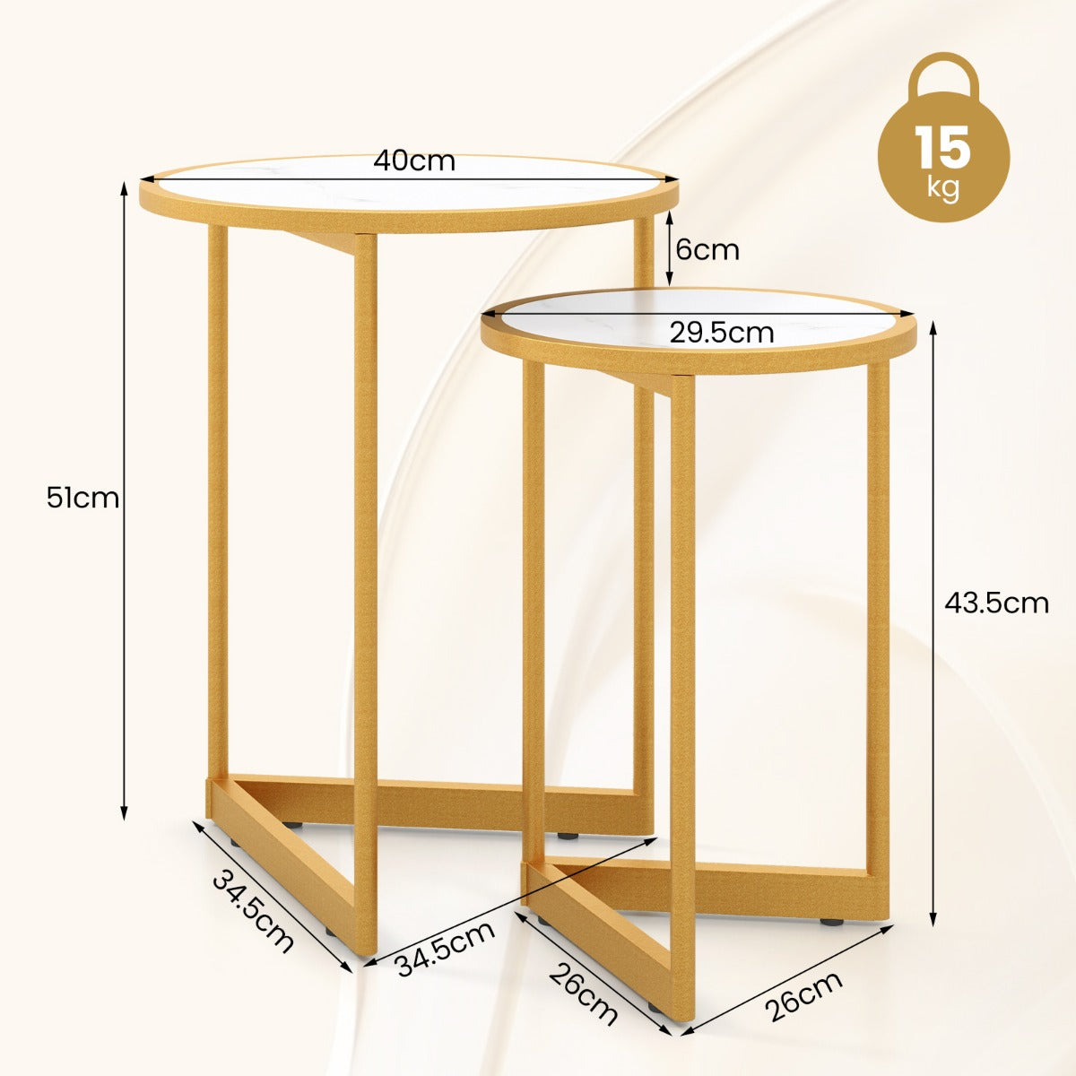 LIVSK Salontafelset - Wit Kunstmarmer met Gouden Frame - Ronde Tafels met V-vormige Basis - Waterdicht - Flexibel Gebruik - Wit +