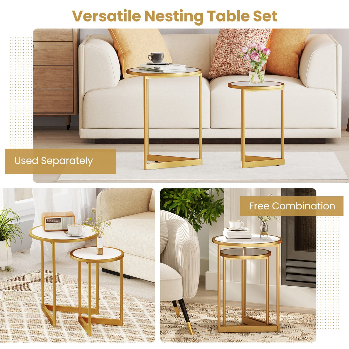 LIVSK Salontafelset - Wit Kunstmarmer met Gouden Frame - Ronde Tafels met V-vormige Basis - Waterdicht - Flexibel Gebruik - Wit +