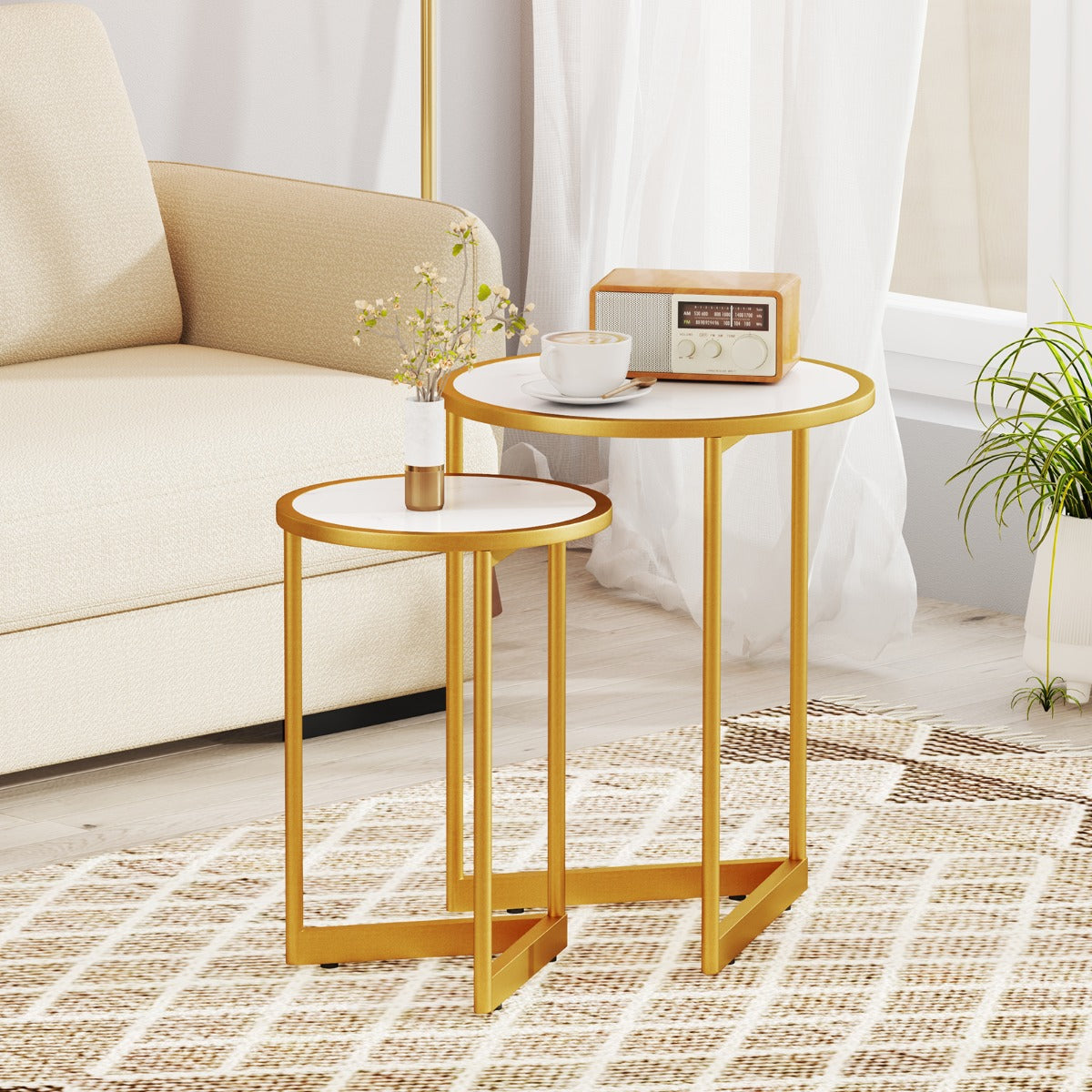 LIVSK Salontafelset - Wit Kunstmarmer met Gouden Frame - Ronde Tafels met V-vormige Basis - Waterdicht - Flexibel Gebruik - Wit +