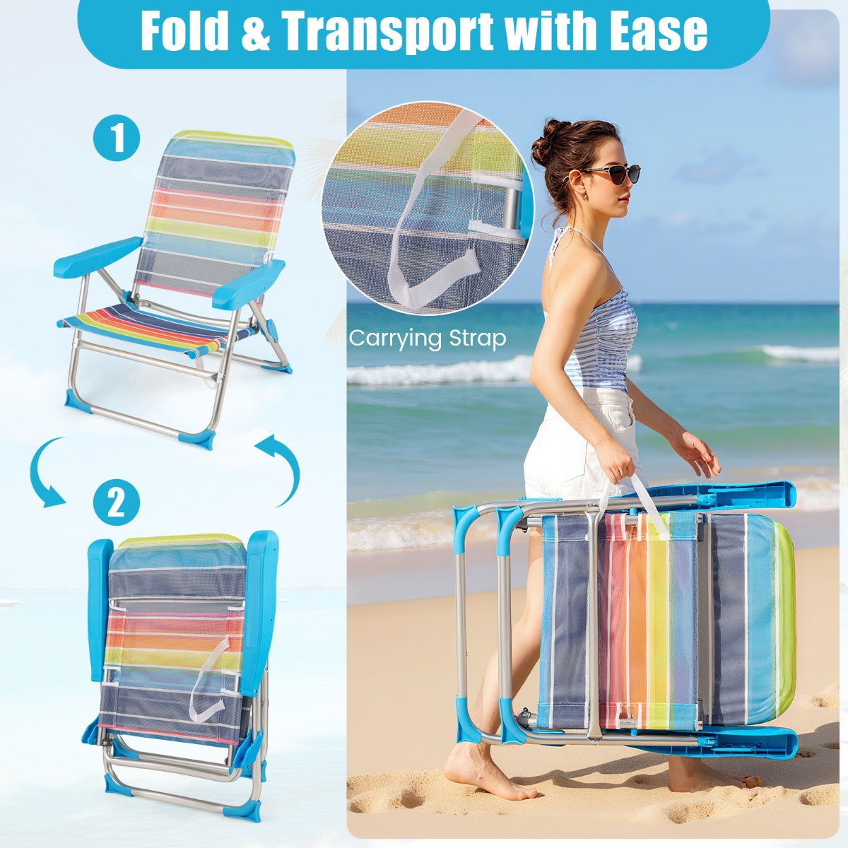 LIVSK Opvouwbare Strandstoelen Set van 2 - Verstelbare Rugleuning - Ademend en Snel Droog - Tot 150 kg - 64 x 64 x 83 cm - Zoals