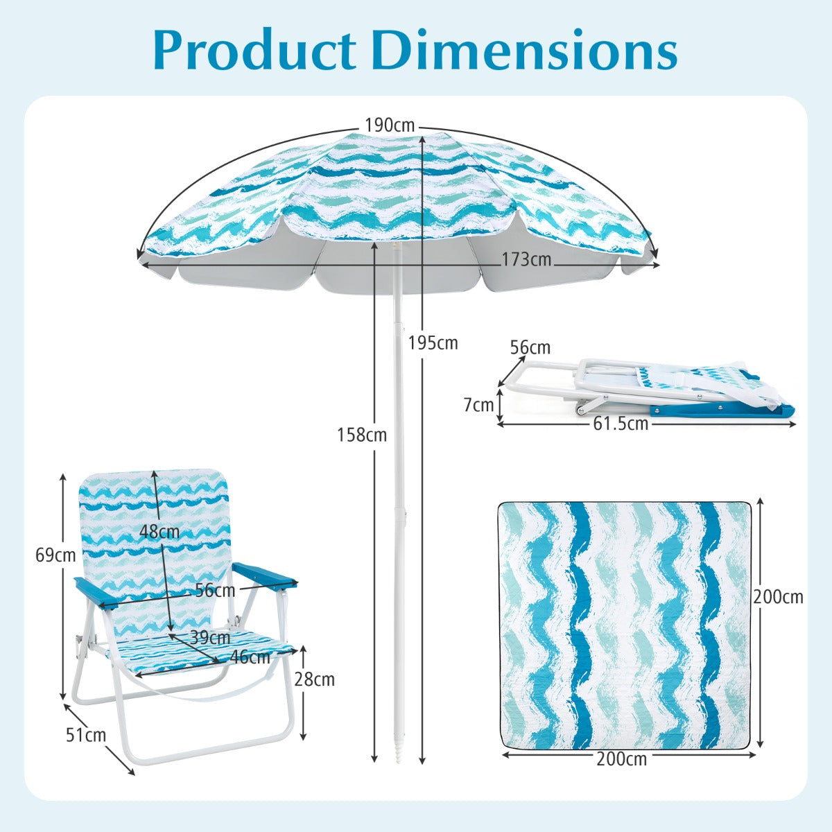 LIVSK 4-delige Strandset - Parasol 173 cm - 2 Opvouwbare Stoelen 56 x 51 x 69 cm - Ruime Stranddeken 200 x 200 cm - Blauw