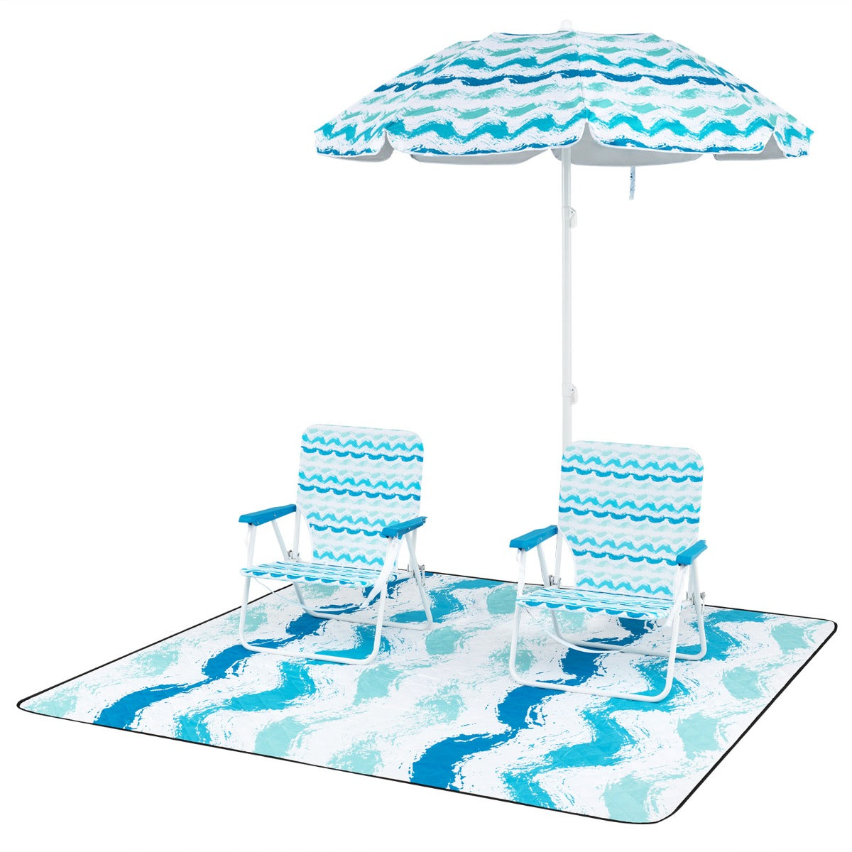 LIVSK 4-delige Strandset - Parasol 173 cm - 2 Opvouwbare Stoelen 56 x 51 x 69 cm - Ruime Stranddeken 200 x 200 cm - Blauw