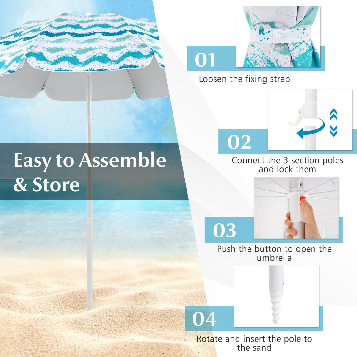 LIVSK 4-delige Strandset - Parasol 173 cm - 2 Opvouwbare Stoelen 56 x 51 x 69 cm - Ruime Stranddeken 200 x 200 cm - Blauw