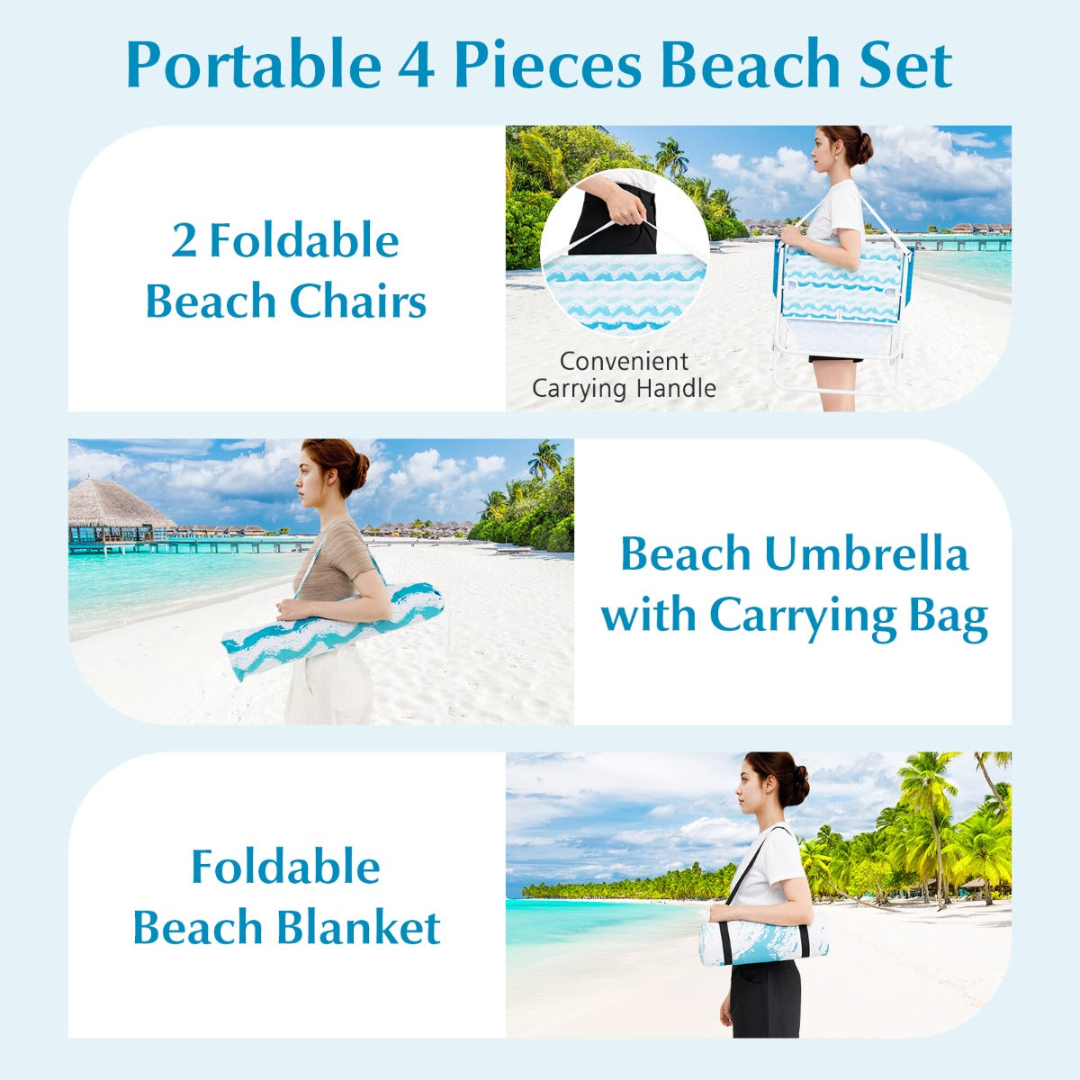 LIVSK 4-delige Strandset - Parasol 173 cm - 2 Opvouwbare Stoelen 56 x 51 x 69 cm - Ruime Stranddeken 200 x 200 cm - Blauw