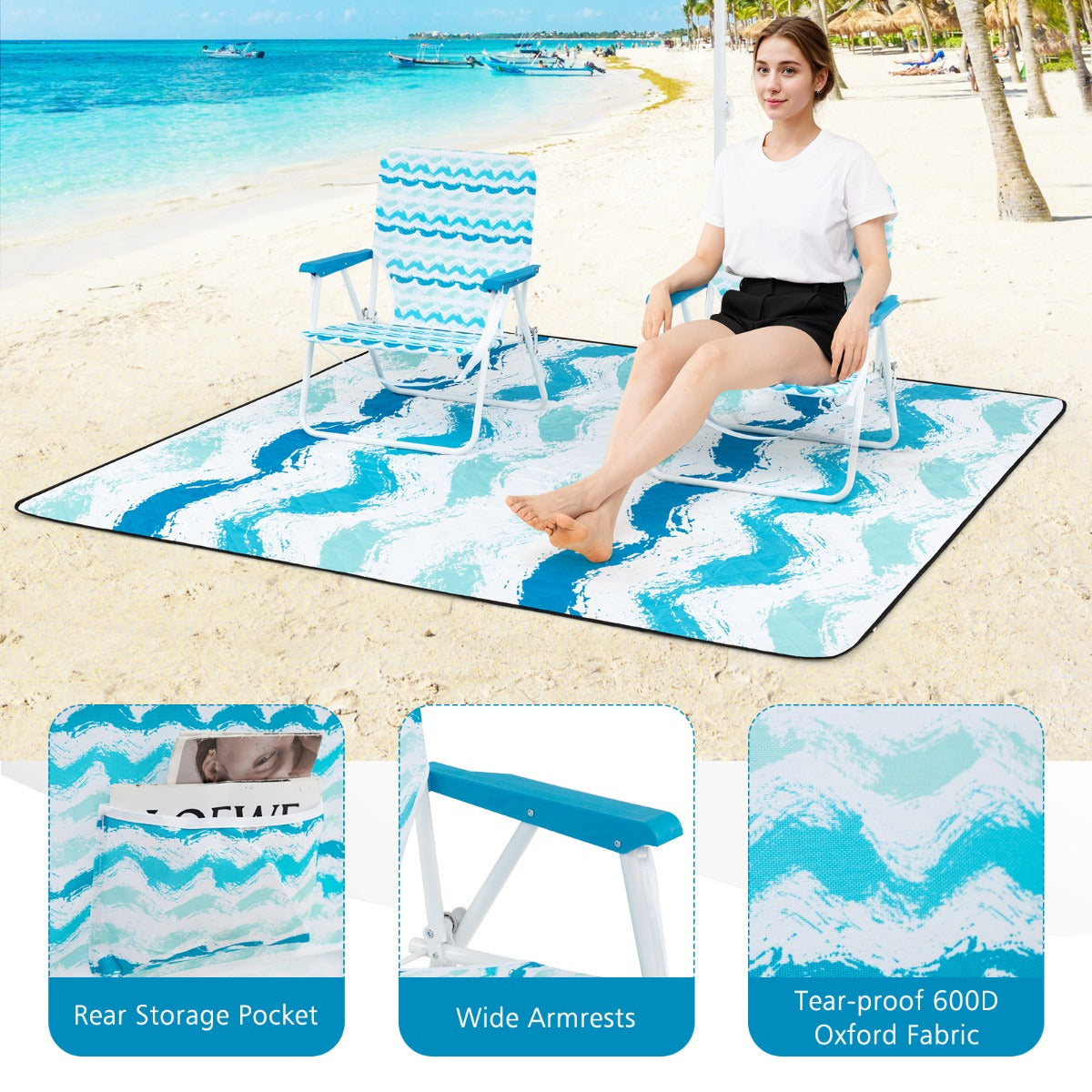 LIVSK 4-delige Strandset - Parasol 173 cm - 2 Opvouwbare Stoelen 56 x 51 x 69 cm - Ruime Stranddeken 200 x 200 cm - Blauw
