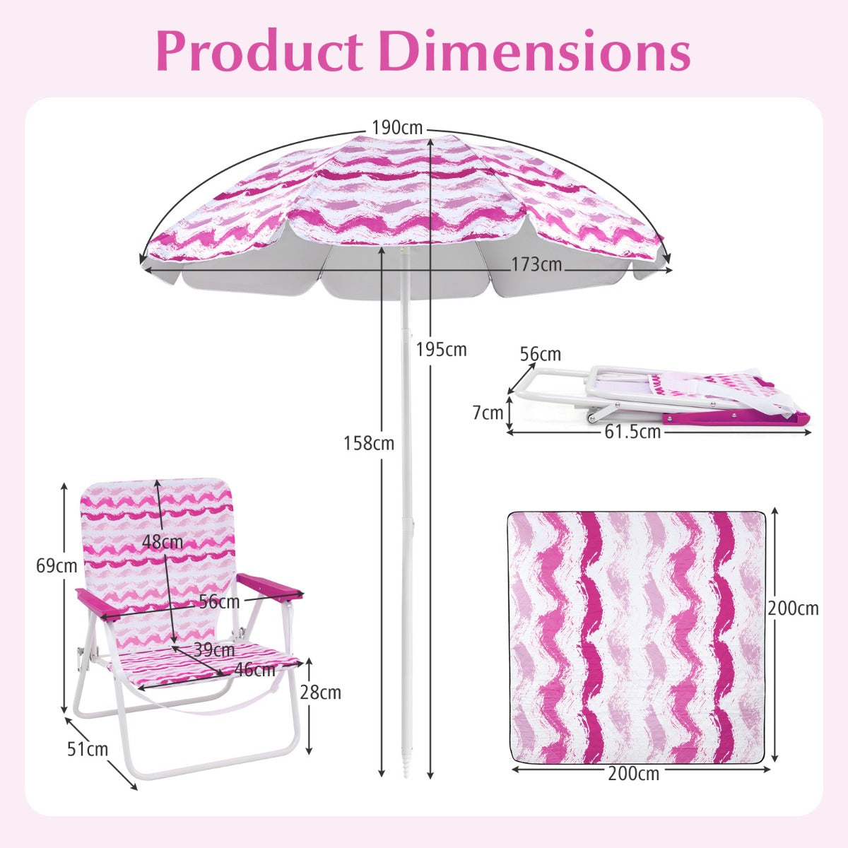 LIVSK Strandset - Parasol 173 cm - 2 Opvouwbare Stoelen 56 x 51 x 69 cm - Ruime Stranddeken 200 x 200 cm - Draagtas - Roze