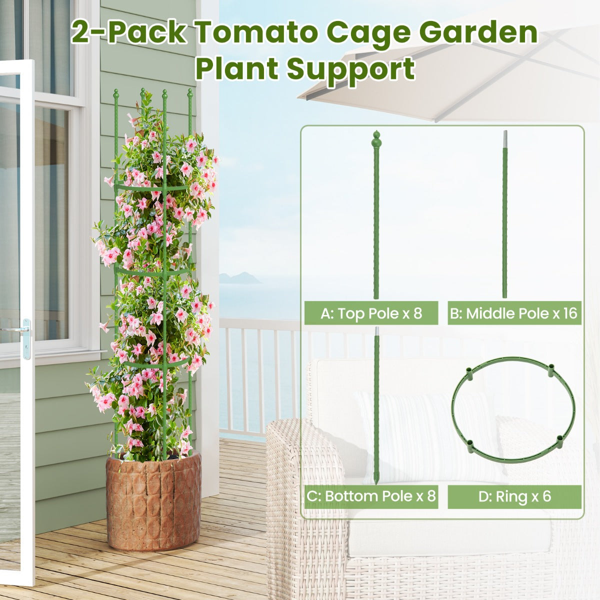 LIVSK Plantensteunen - 2-Delige Set - Verstelbare Hoogtes 73/109/145 cm - PE-Coating - Voor Binnen en Buiten - Groen