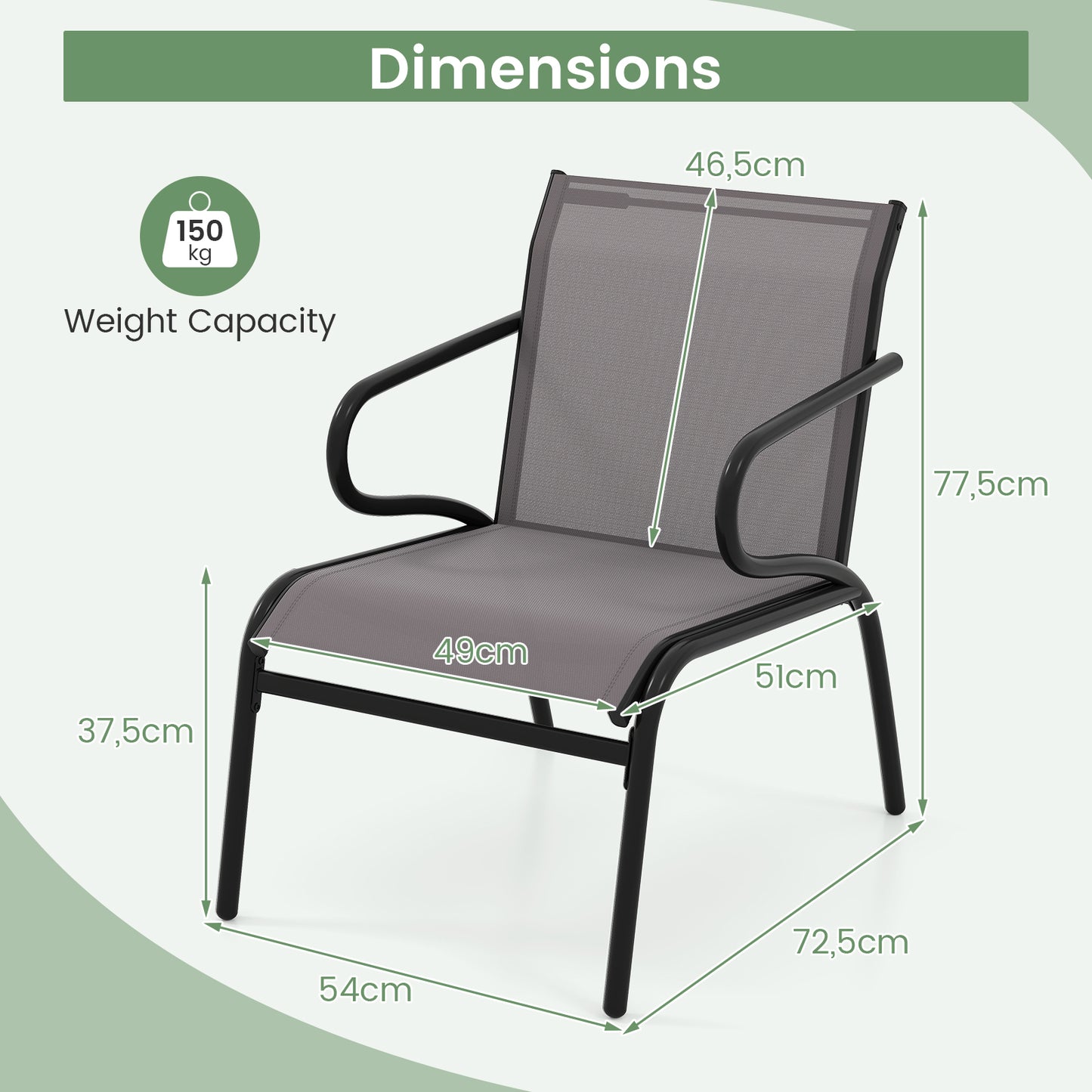 LIVSK Terrasstoelen Set van 2 - Ergonomisch Ontwerp - Ademend - Robuust Metaal - Belastbaar tot 150 kg - Grijs