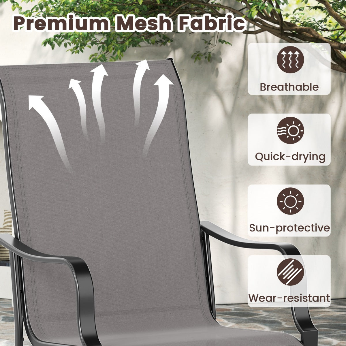 LIVSK Tuin-eetstoelset - Ergonomisch met Hoge Rugleuning - Metaal - Belastbaar tot 150 kg - Modern Design - Grijs