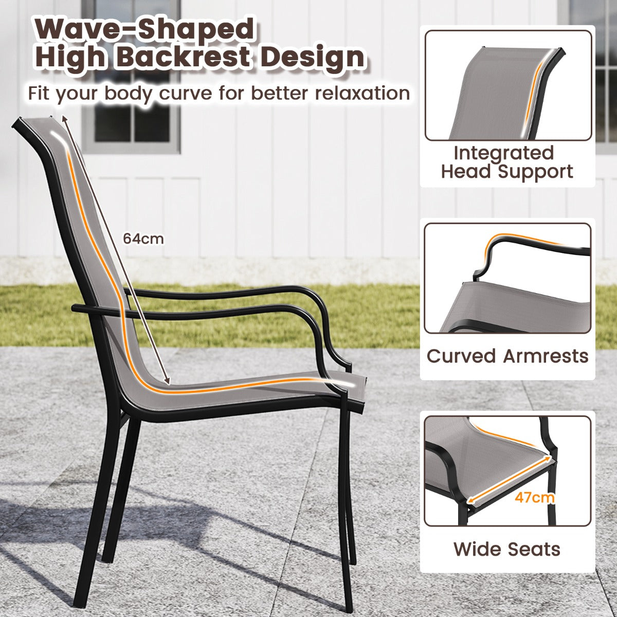 LIVSK Tuin-eetstoelset - Ergonomisch met Hoge Rugleuning - Metaal - Belastbaar tot 150 kg - Modern Design - Grijs