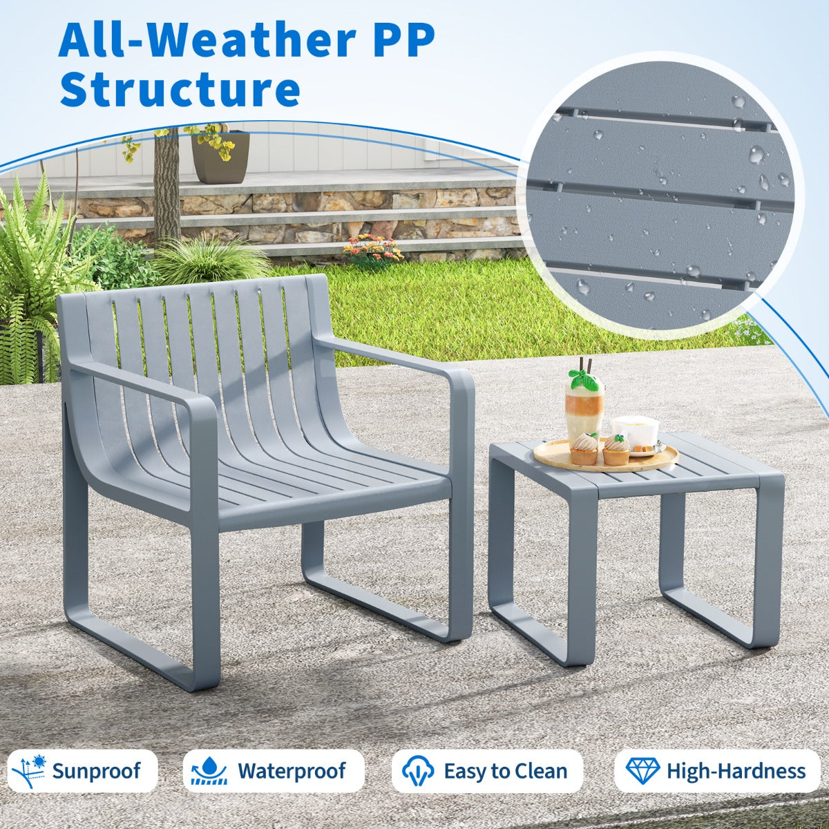 LIVSK Weerbestendige Tuinmeubelset - 2-delig - Ergonomische Stoel met Armleuningen - Multifunctionele Salontafel - Grijs