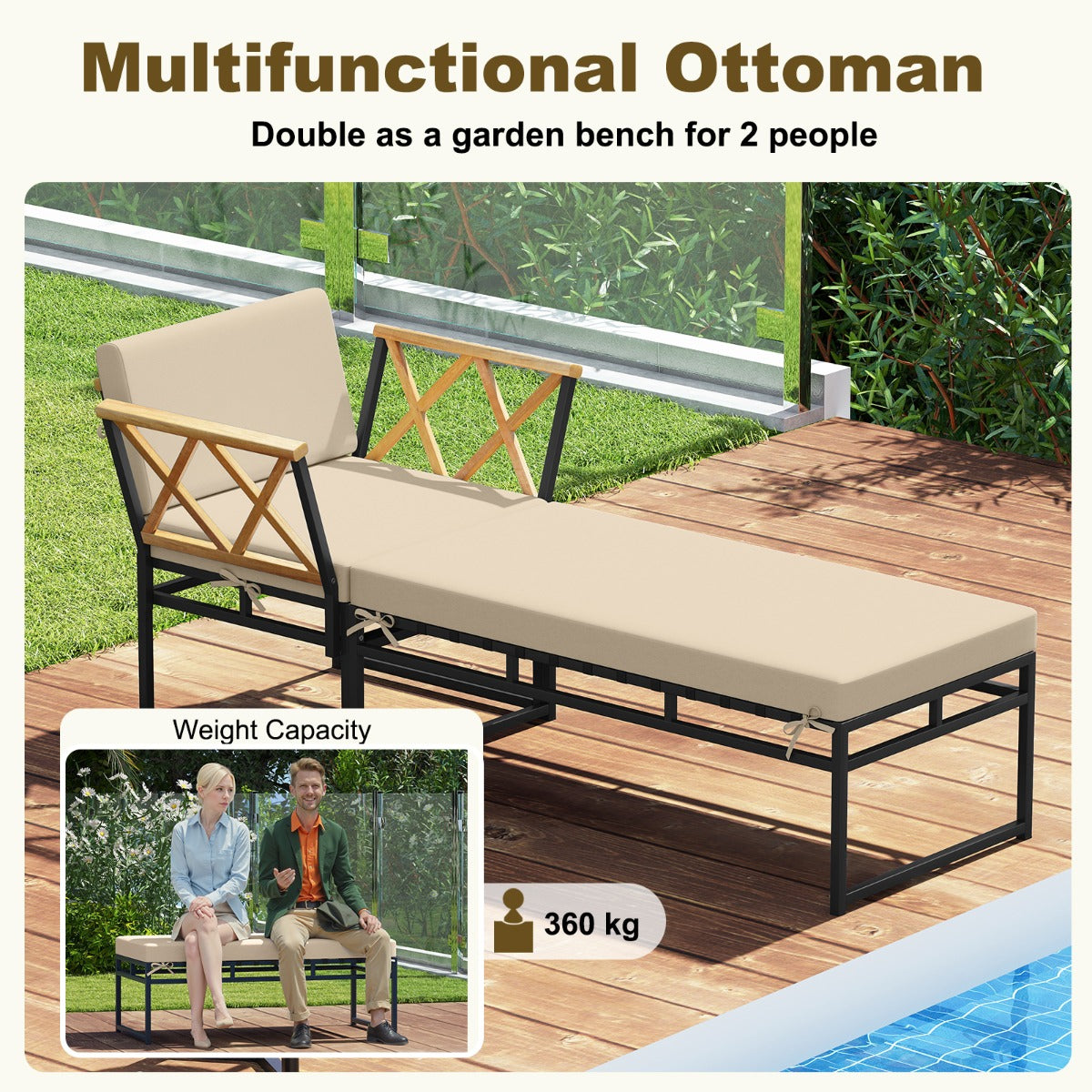 Livsk costway 2 delige tuinmeubelset buitenligstoel met metalen frame kussens en armleuningen van acaciahout
