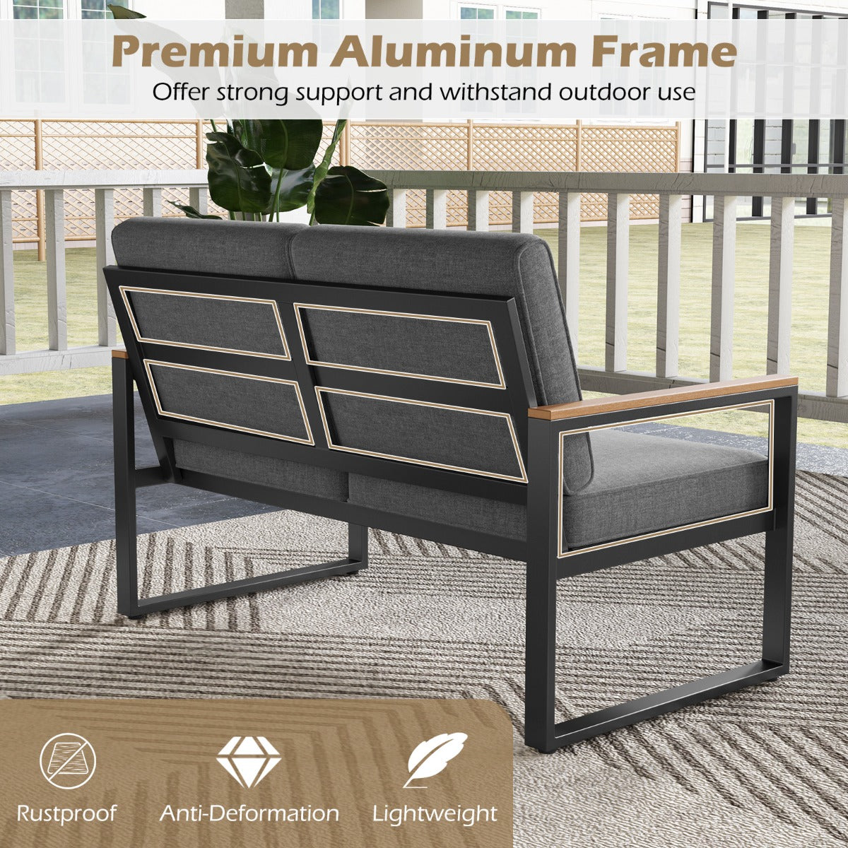 LIVSK Aluminium Terrasmeubelset - Loveseat met Verstelbare Rugleuning - Dikke Kussens en Stabiel Frame - Tot 360 kg - Grijs