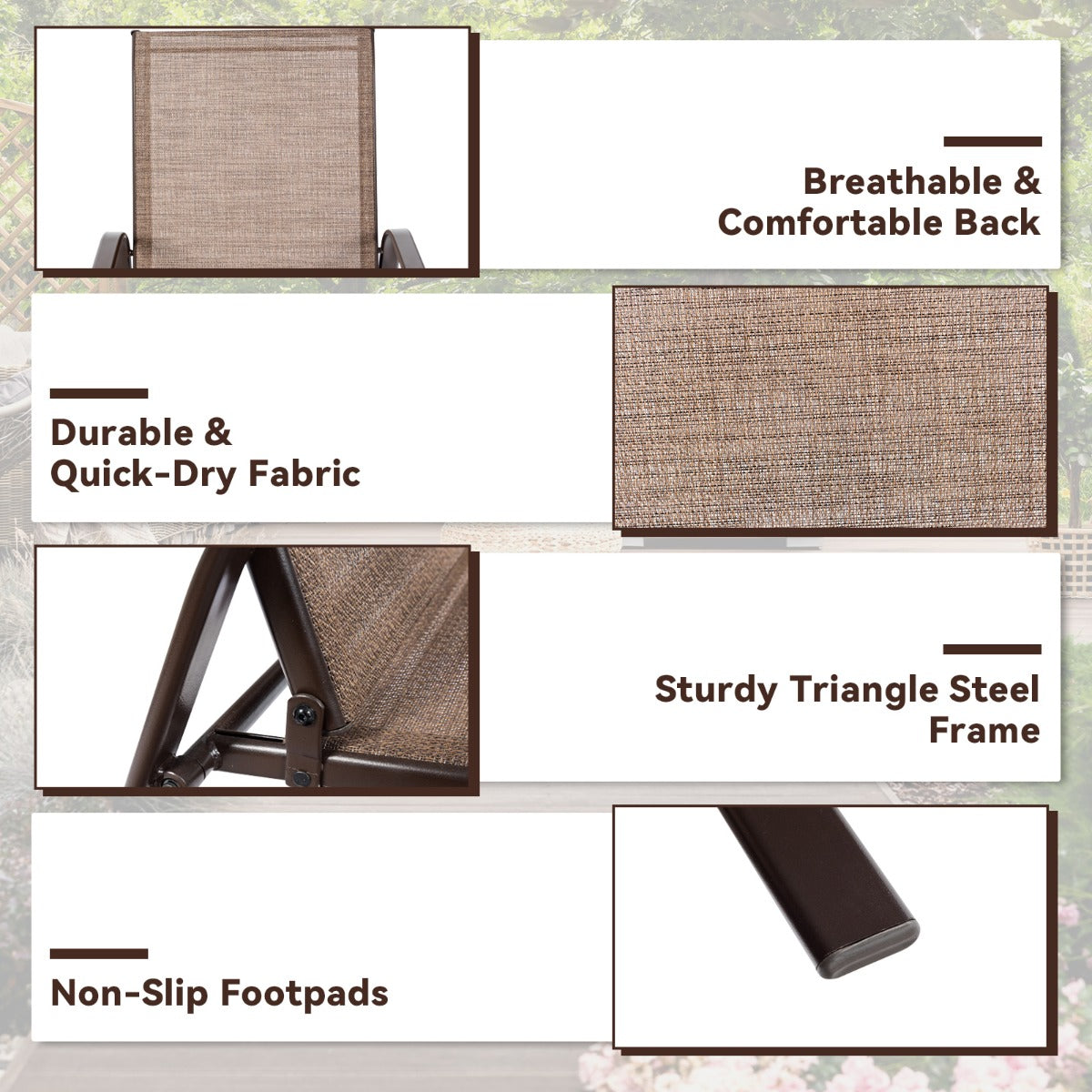 LIVSK Tuinstoelenset - Comfortabele Stoelen met Armleuningen - Sneldrogende Stof - Roestvrij Metalen Frame - Tot 200 kg - Bruin