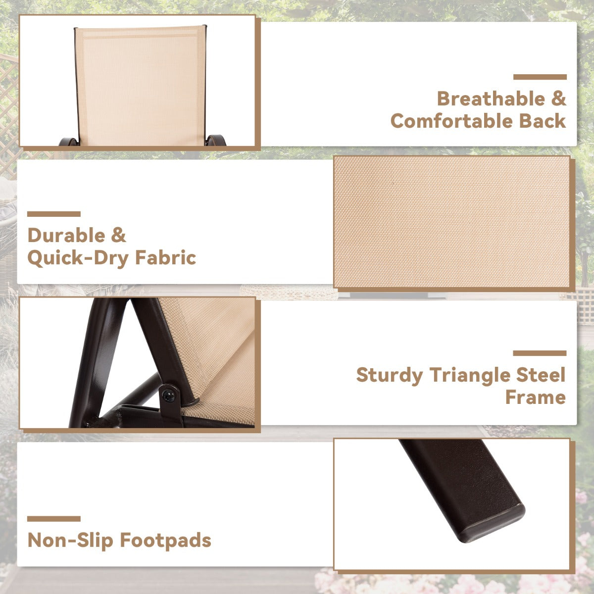 LIVSK Tuinstoelen - Ultracomfortabel met Hoge Rugleuning - Ademend en Sneldrogend - Roestvrijstalen Frame - Tot 200 kg - Beige