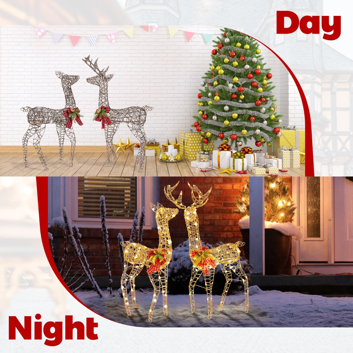 LIVSK Verlichte Kersthertenfamilie - 200 LED Lampjes - Duurzaam Metaal en PVC - Eenvoudige Montage - 110 cm Bok/100 cm Hinde -