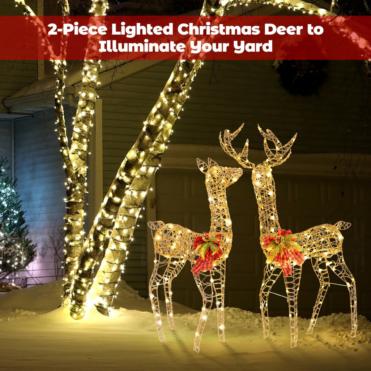 LIVSK Verlichte Kersthertenfamilie - 200 LED Lampjes - Duurzaam Metaal en PVC - Eenvoudige Montage - 110 cm Bok/100 cm Hinde -