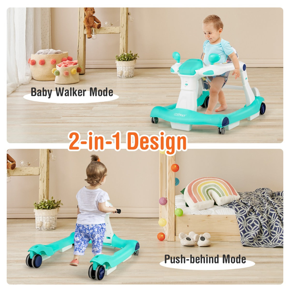 LIVSK 2-in-1 Baby Loopstoel - Verstelbare Hoogte en Snelheid - Veiligheidsbumper - Opvouwbaar - Tot 15 kg - Groen