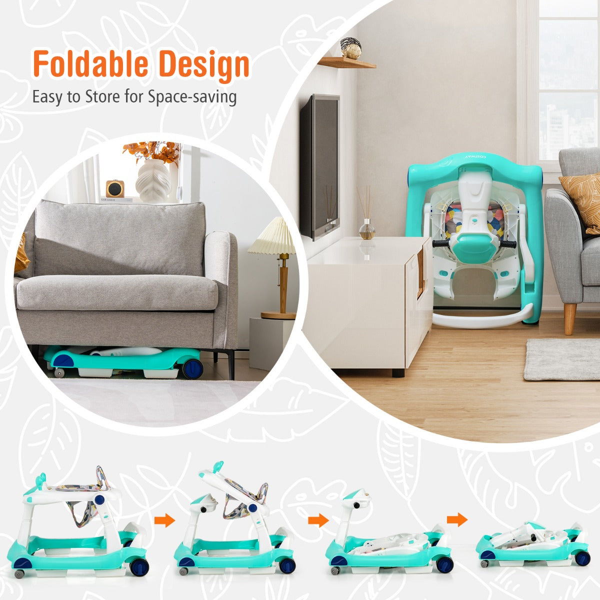 LIVSK 2-in-1 Baby Loopstoel - Verstelbare Hoogte en Snelheid - Veiligheidsbumper - Opvouwbaar - Tot 15 kg - Groen