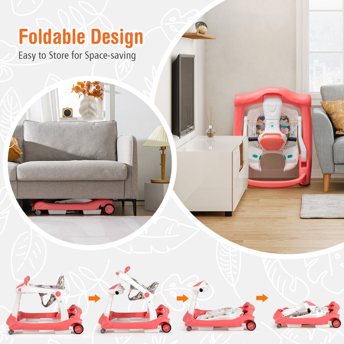 LIVSK 2-in-1 Baby Loopstoel - Verstelbare Hoogte & Snelheid - Veiligheidsbumper - Interactief Speelgoed - Tot 15 kg - Geel
