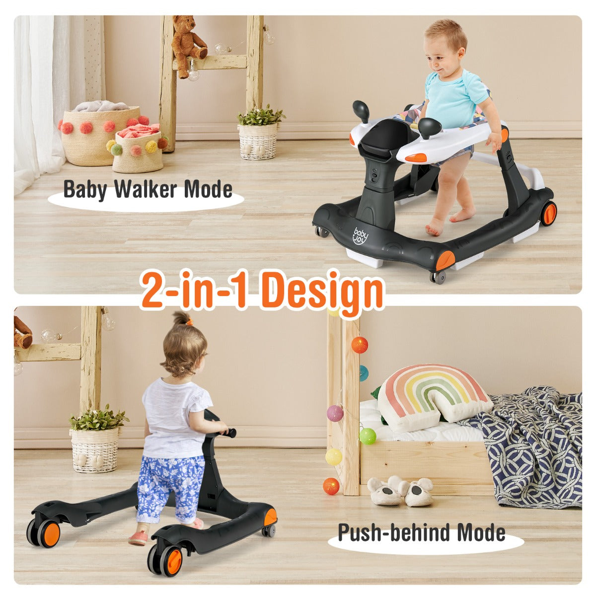 LIVSK 2-in-1 Baby Loopstoel - Verstelbare Hoogte & Snelheid - Veiligheidsbumper - Muziek & Lichteffecten - Voor 6-18 maanden -