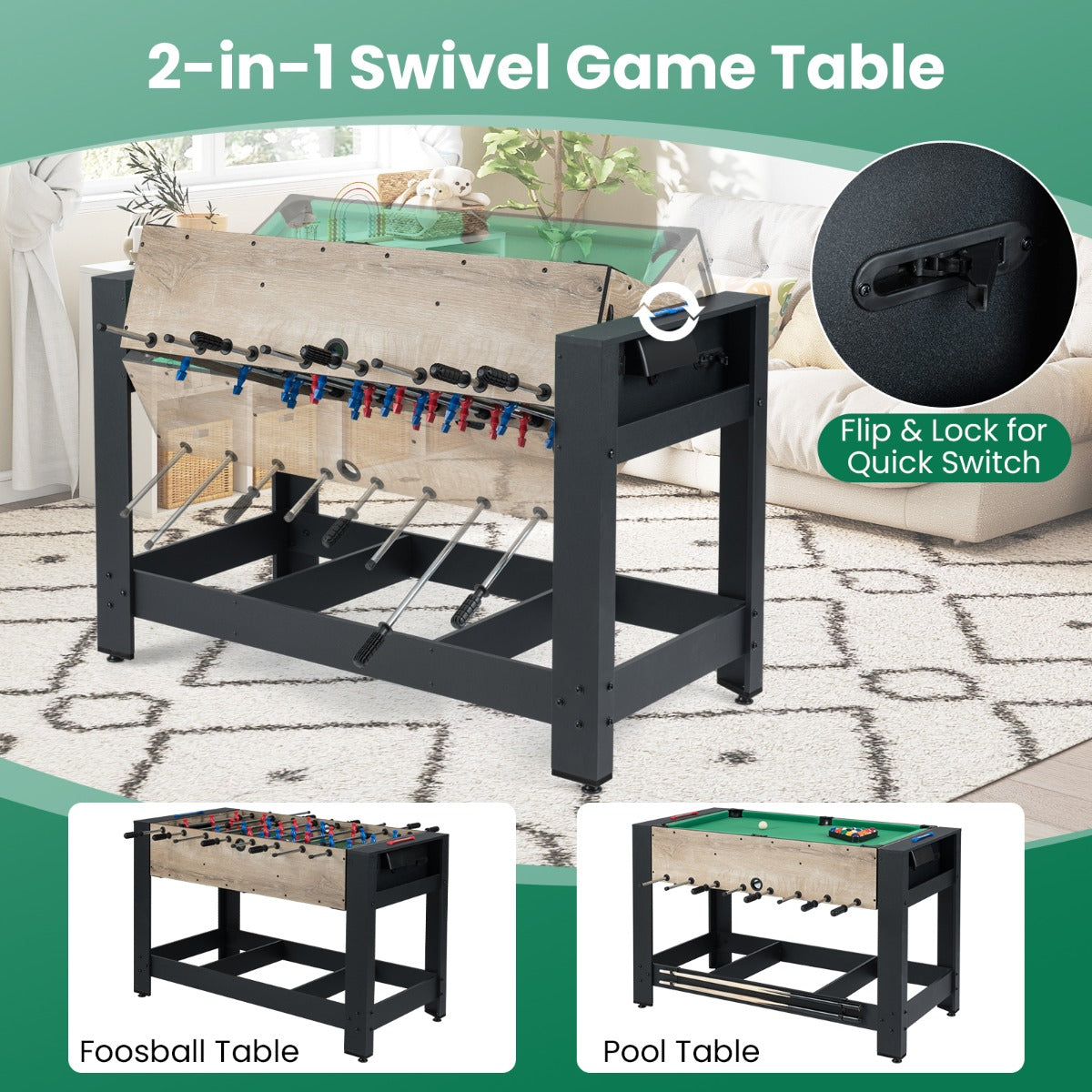 Livsk costway 2 in 1 draaibare multitafel combinatie van tafelvoetbal en biljarttafel 122 cm met 2 ballen keuen driehoek borstel krijt arcade tafel 2