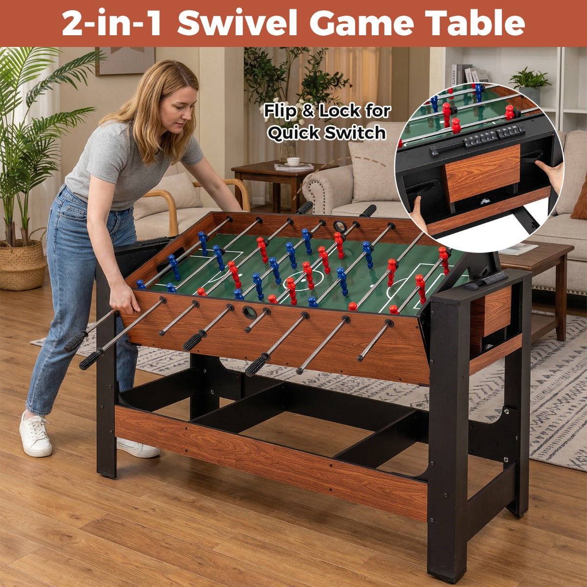 Livsk costway 2 in 1 draaibare speeltafel tafelvoetbal biljart combinatietafel indoor arcade tafel 4