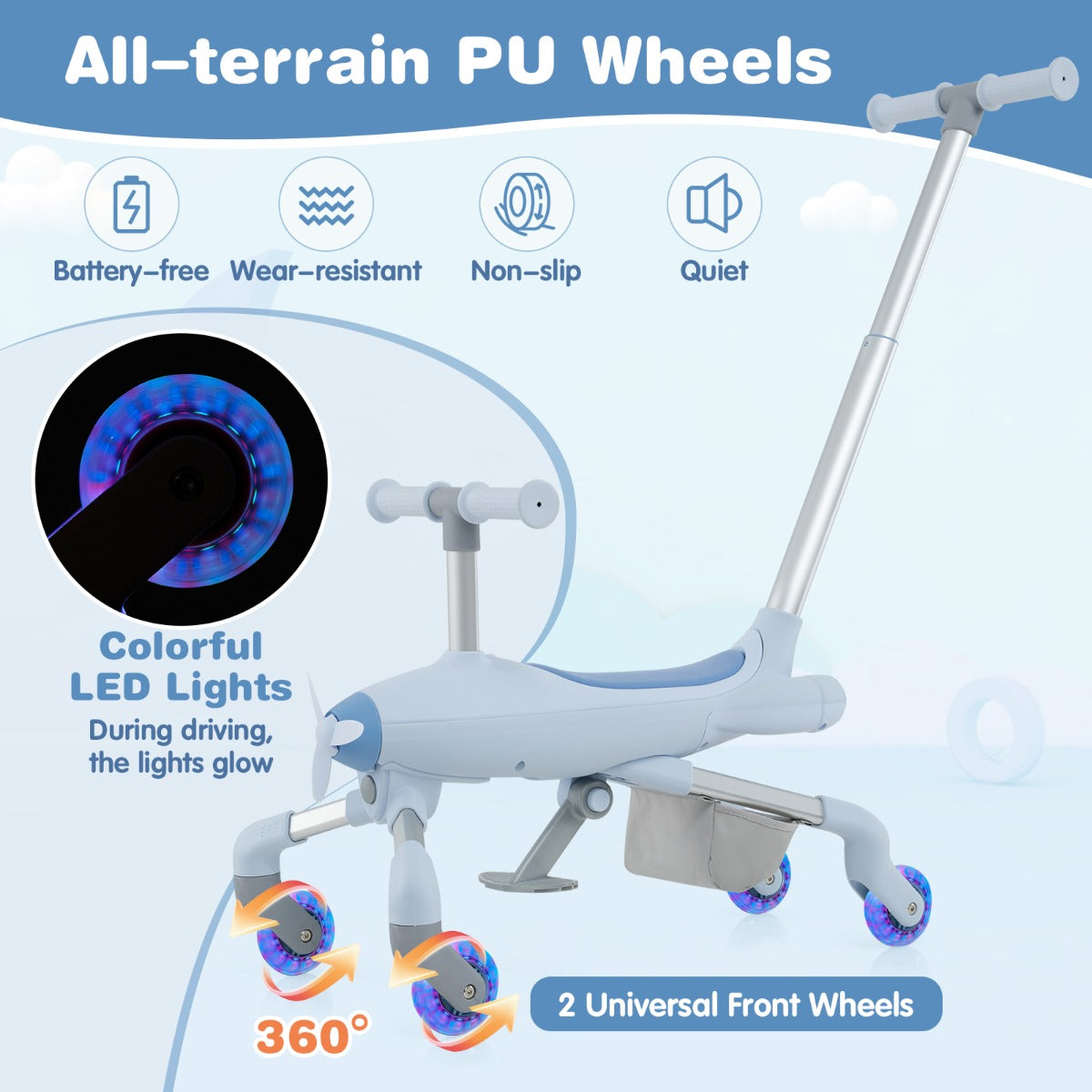 LIVSK 2-in-1 Duwauto voor Kinderen - Vliegtuigthema - Verstelbare Handgreep - LED Verlichting - Tot 50 kg - Blauw