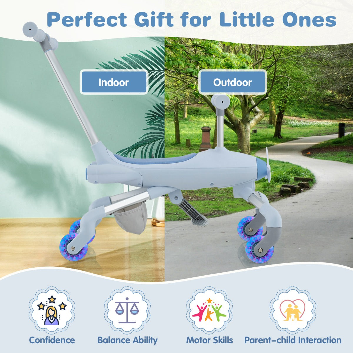 LIVSK 2-in-1 Duwauto voor Kinderen - Vliegtuigthema - Verstelbare Handgreep - LED Verlichting - Tot 50 kg - Blauw