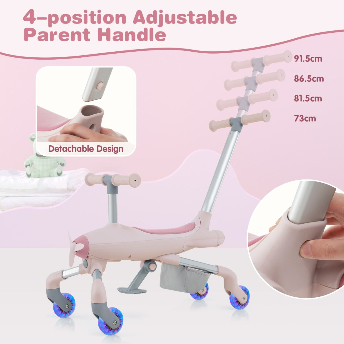 LIVSK 2-in-1 Duwauto voor Kinderen - Verstelbare Handgreep - LED Verlichting - Opbergmand - Tot 50 kg - Roze