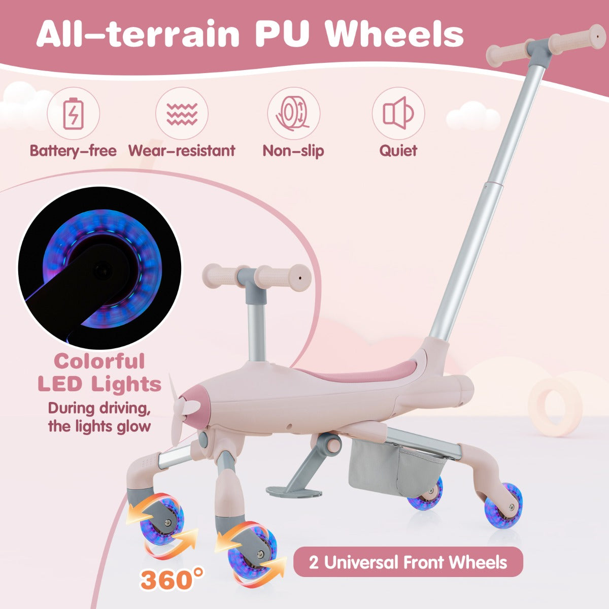 LIVSK 2-in-1 Duwauto voor Kinderen - Verstelbare Handgreep - LED Verlichting - Opbergmand - Tot 50 kg - Roze