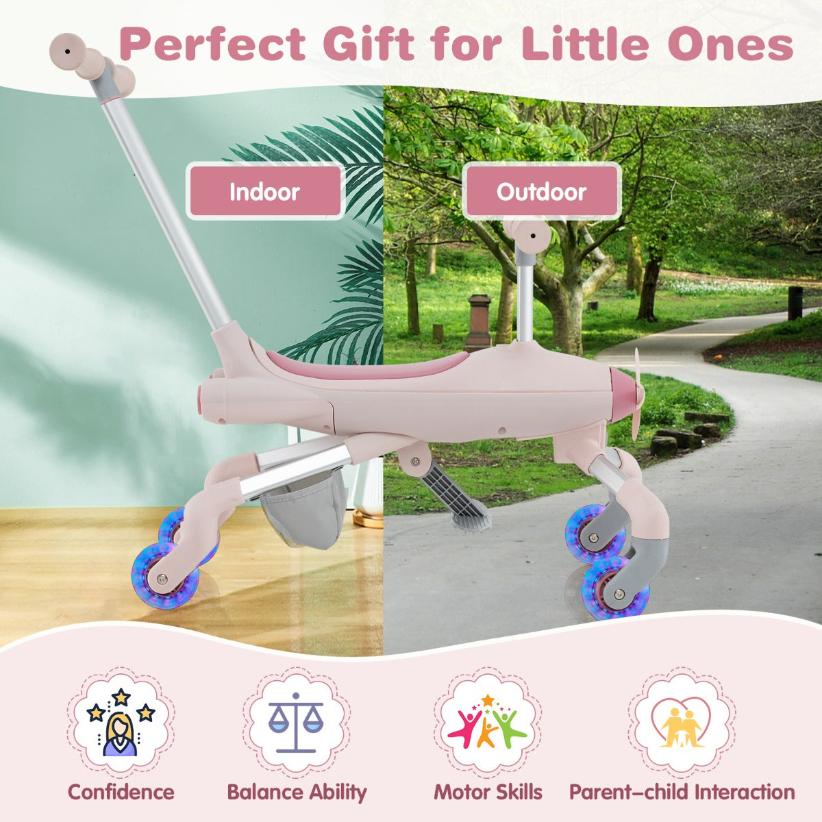 LIVSK 2-in-1 Duwauto voor Kinderen - Verstelbare Handgreep - LED Verlichting - Opbergmand - Tot 50 kg - Roze