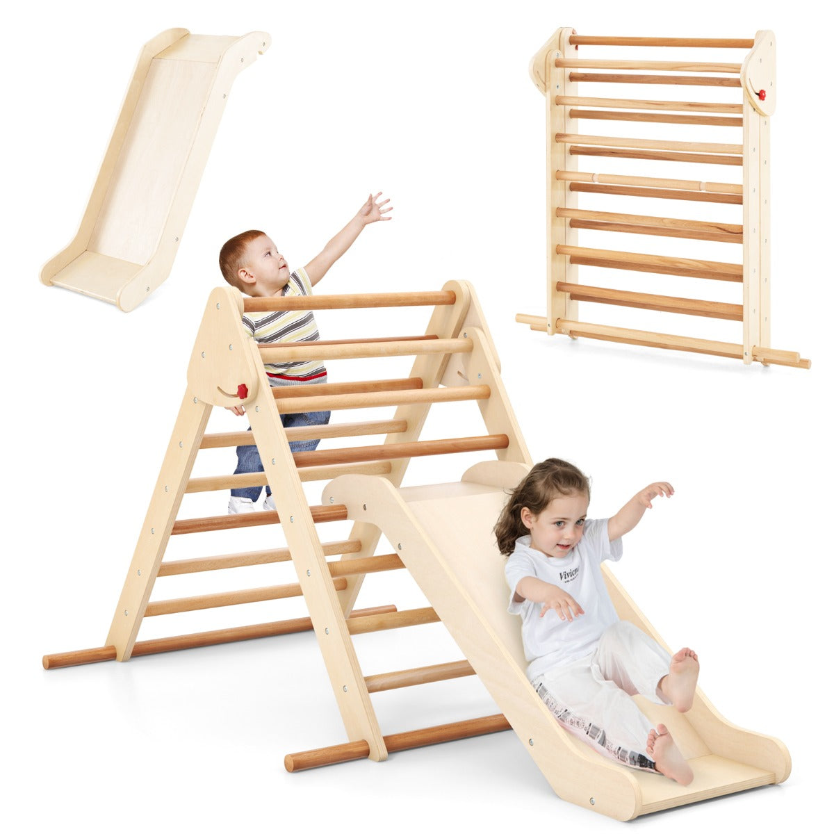 LIVSK Houten Klimset met Glijbaan - Veilige Glijervaring - Opvouwbare Driehoekklimmer - Voor Kinderen vanaf 1 jaar - Veelkleurig