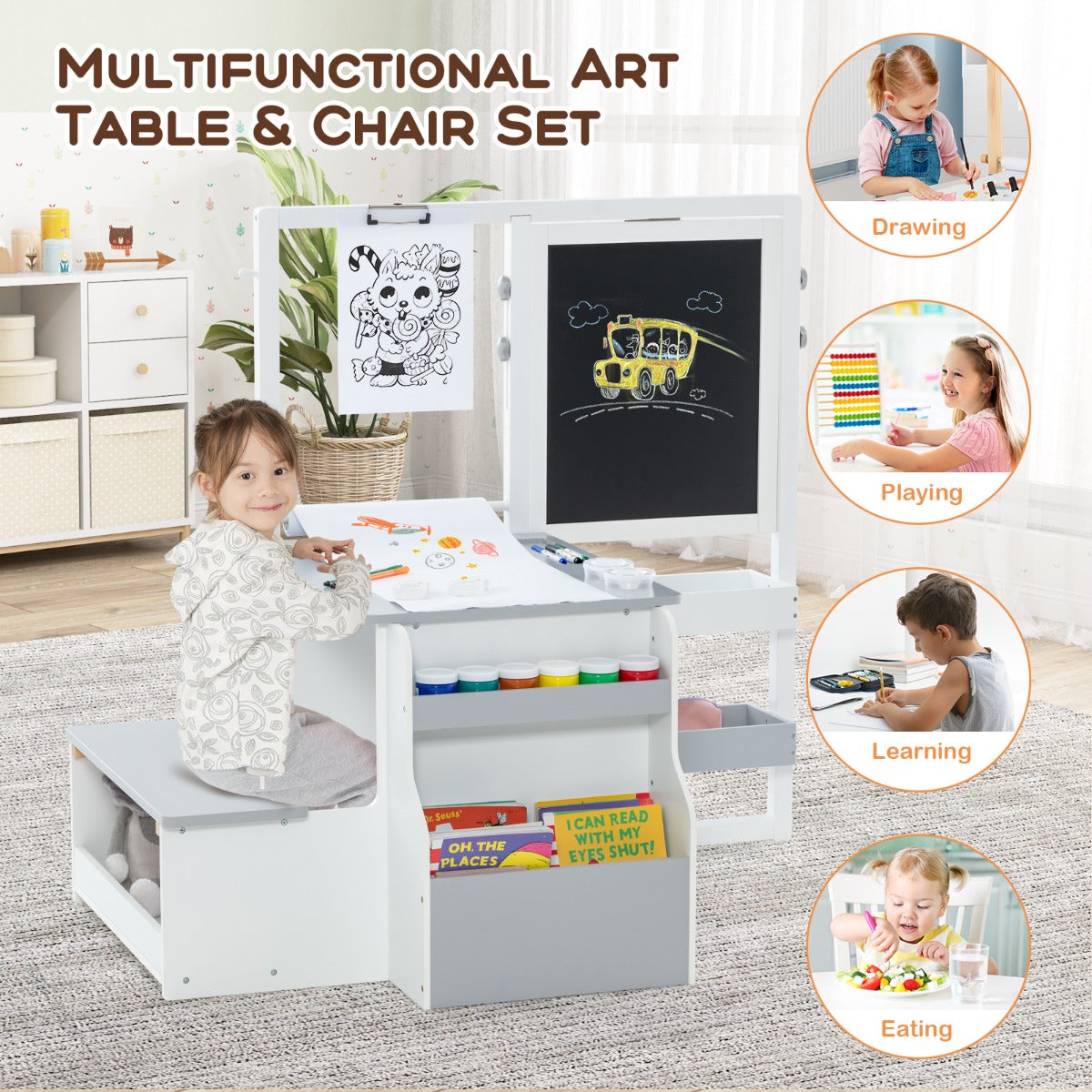 LIVSK Kinderkunstcentrum - Tafel, Bankje en Dubbelzijdige Ezel - Inclusief Kunstbenodigdheden - Veilig Houten Constructie - Wit +
