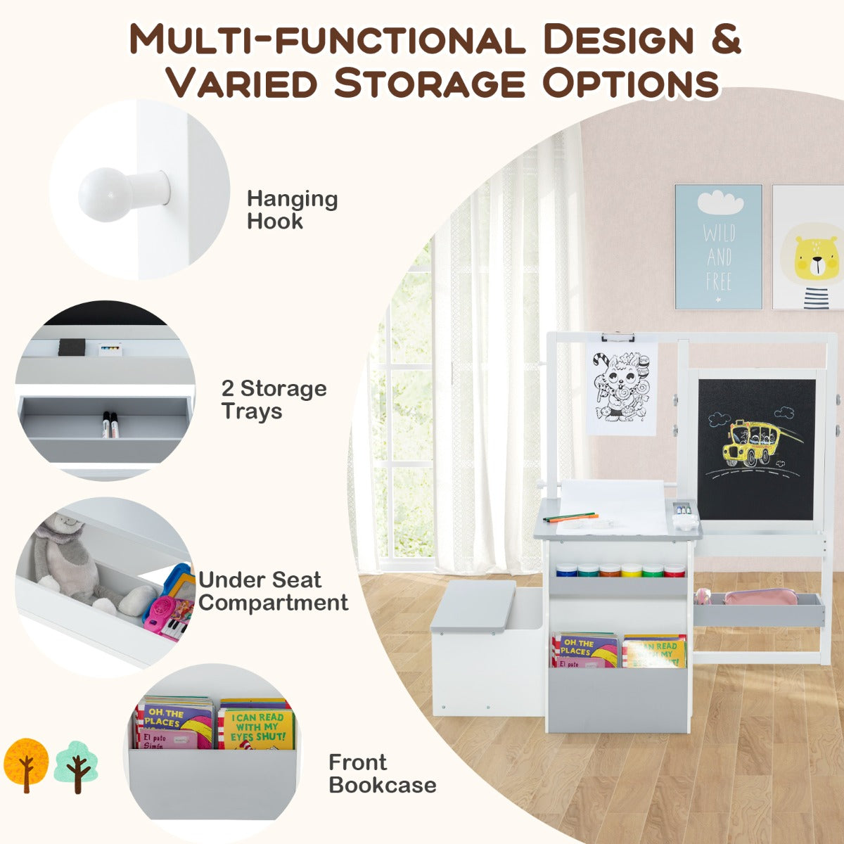 LIVSK Kinderkunstcentrum - Tafel, Bankje en Dubbelzijdige Ezel - Inclusief Kunstbenodigdheden - Veilig Houten Constructie - Wit +
