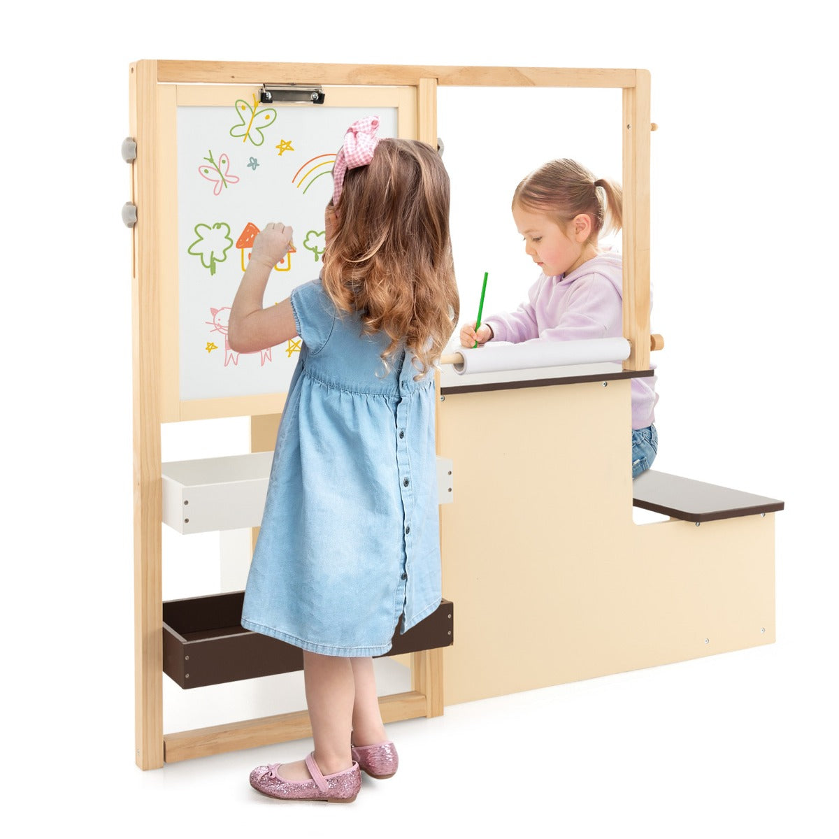 LIVSK Kinderkunstcentrum met Tafel en Bankje - Dubbelzijdige Schildersezel - Inclusief Kunstbenodigdheden - Voor Kinderen 3+ -